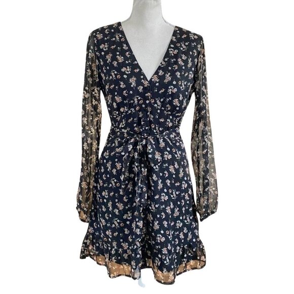 Abercrombie & Fitch Dresses & Skirts - ABERCROMBIE & FITCH BLACK PEACH WHITE FLORAL V-NECK RUFFLE MINI DRESS - S